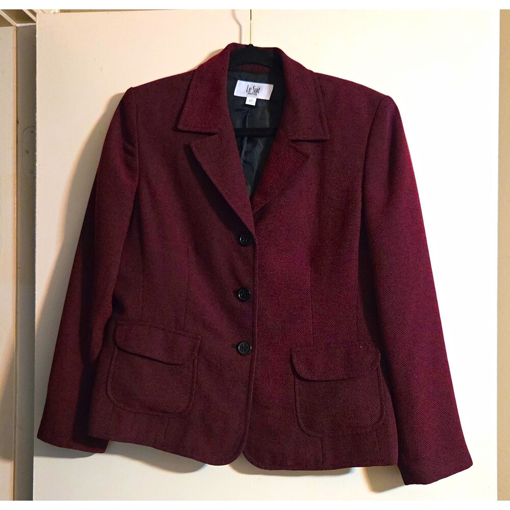 Le Suit Women's Petite 12P Burgundy Lined 3-Button Notch Blazer Polyester